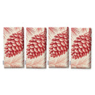 Pine Bough Christmas napkins in red on ivory, set of four, folded on white, showing the same pine cone on a bough