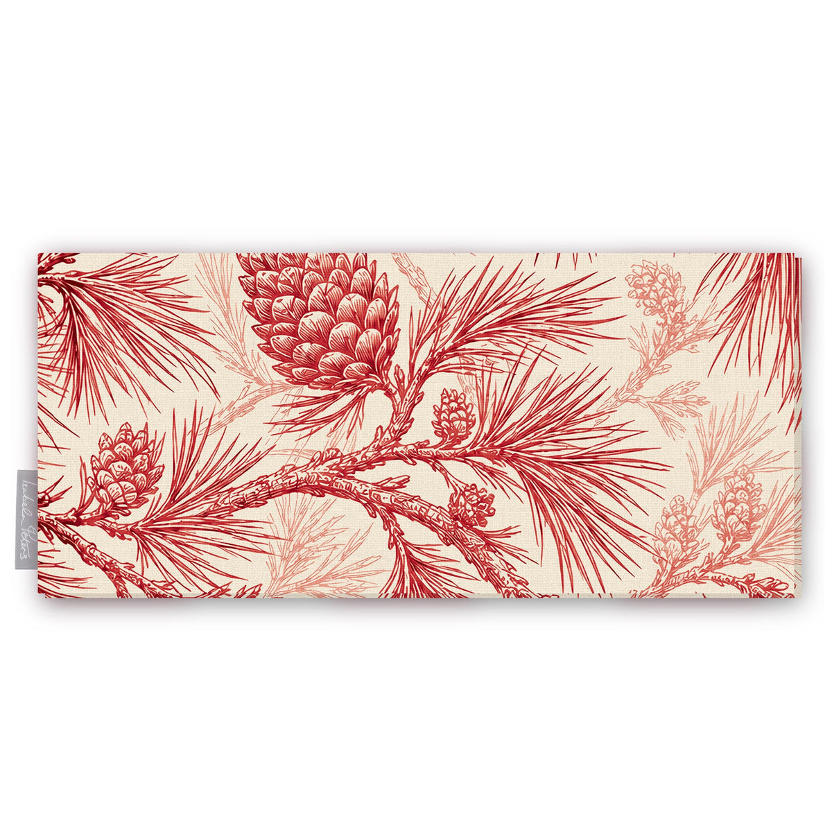 Pine Bough Christmas table runner in red on ivory, folded on white, showing pine boughs and cones