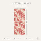 Pattern scale of the Pine Bough Christmas table runner in red on ivory across its 44 cm width, with care notes