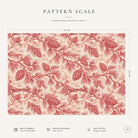 Pattern scale of the Pine Bough Christmas tablecloth in red on ivory across its 144 cm width, with care notes