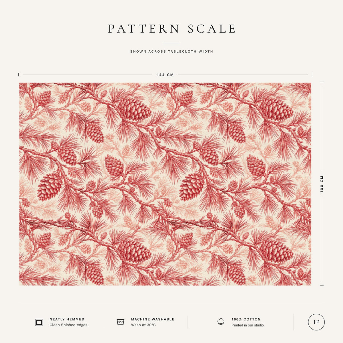 Pattern scale of the Pine Bough Christmas tablecloth in red on ivory across its 144 cm width, with care notes