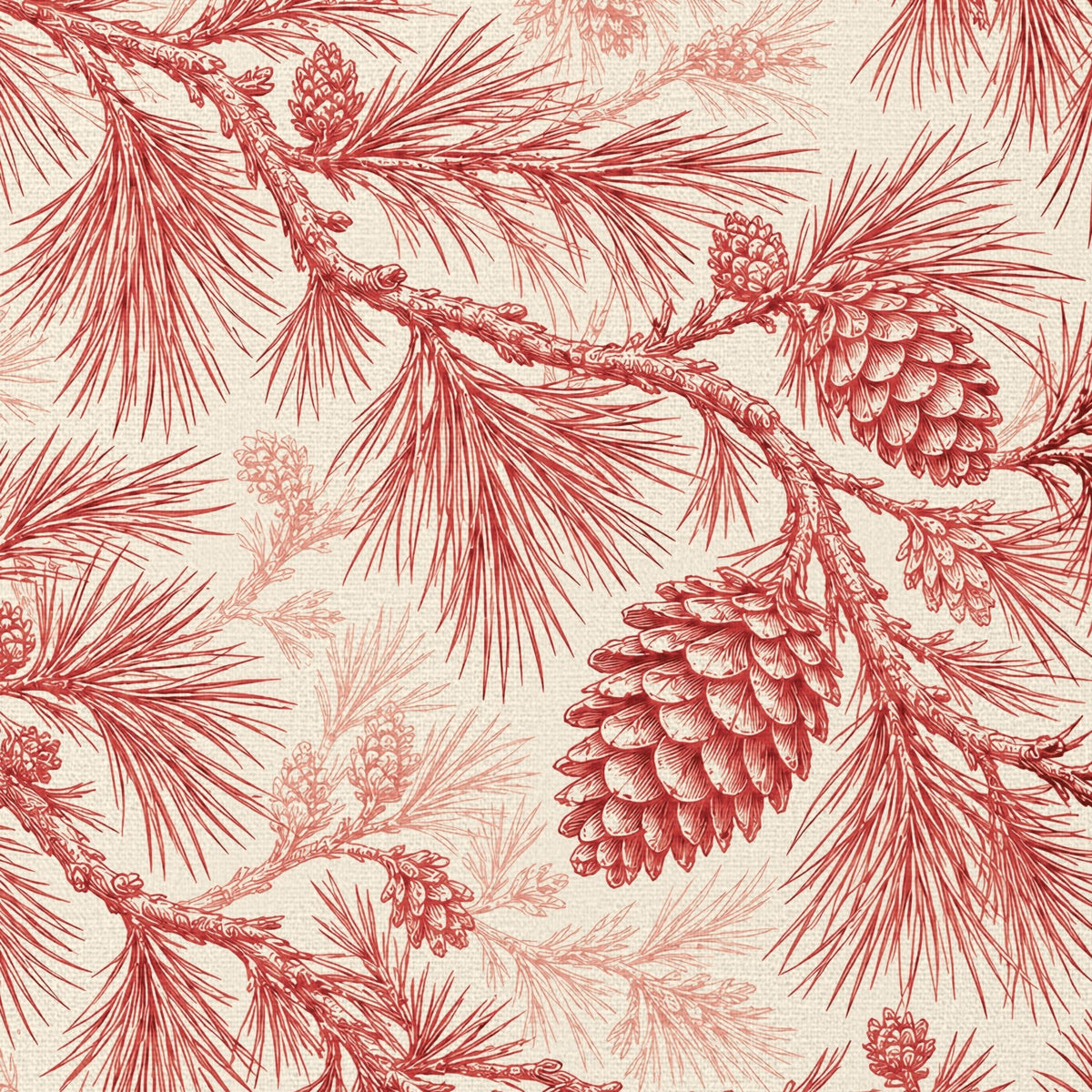 Close-up of the Pine Bough Christmas tablecloth print in red on ivory cotton, showing pine boughs and cones