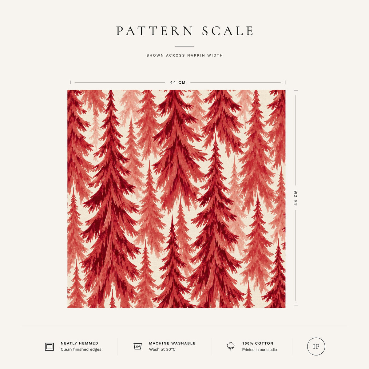 Red on ivory Spruce Stand Christmas napkin pattern scale, showing the full 44 cm by 44 cm design.