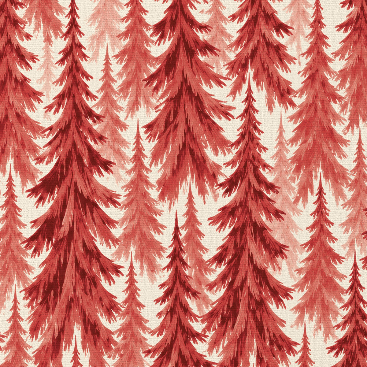 Close-up of the Spruce Stand Christmas napkin print in red on ivory cotton, showing rows of spruce trees