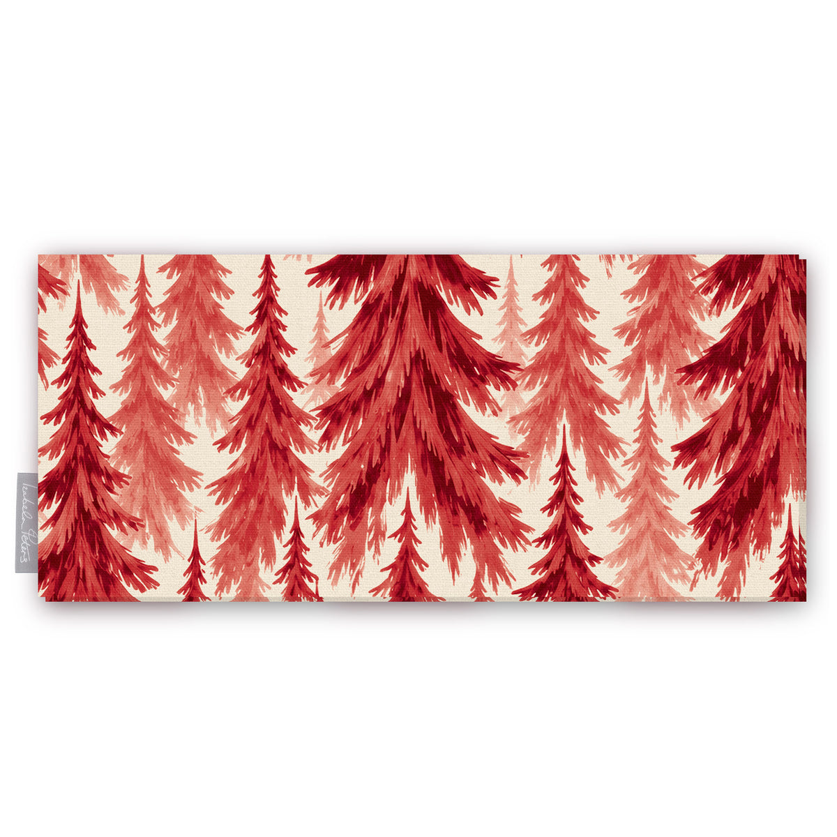 Spruce Stand Christmas table runner in red on ivory, folded on white, showing rows of spruce trees