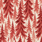 Close-up of the Spruce Stand Christmas table runner print in red on ivory cotton, showing rows of spruce trees