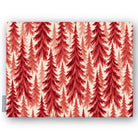 Spruce Stand Christmas tablecloth in red on ivory, folded on white, showing rows of spruce trees