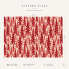 Pattern scale of the Spruce Stand Christmas tablecloth in red on ivory across its 144 cm width, with care notes