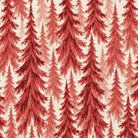 Close-up of the Spruce Stand Christmas tablecloth print in red on ivory cotton, showing rows of spruce trees