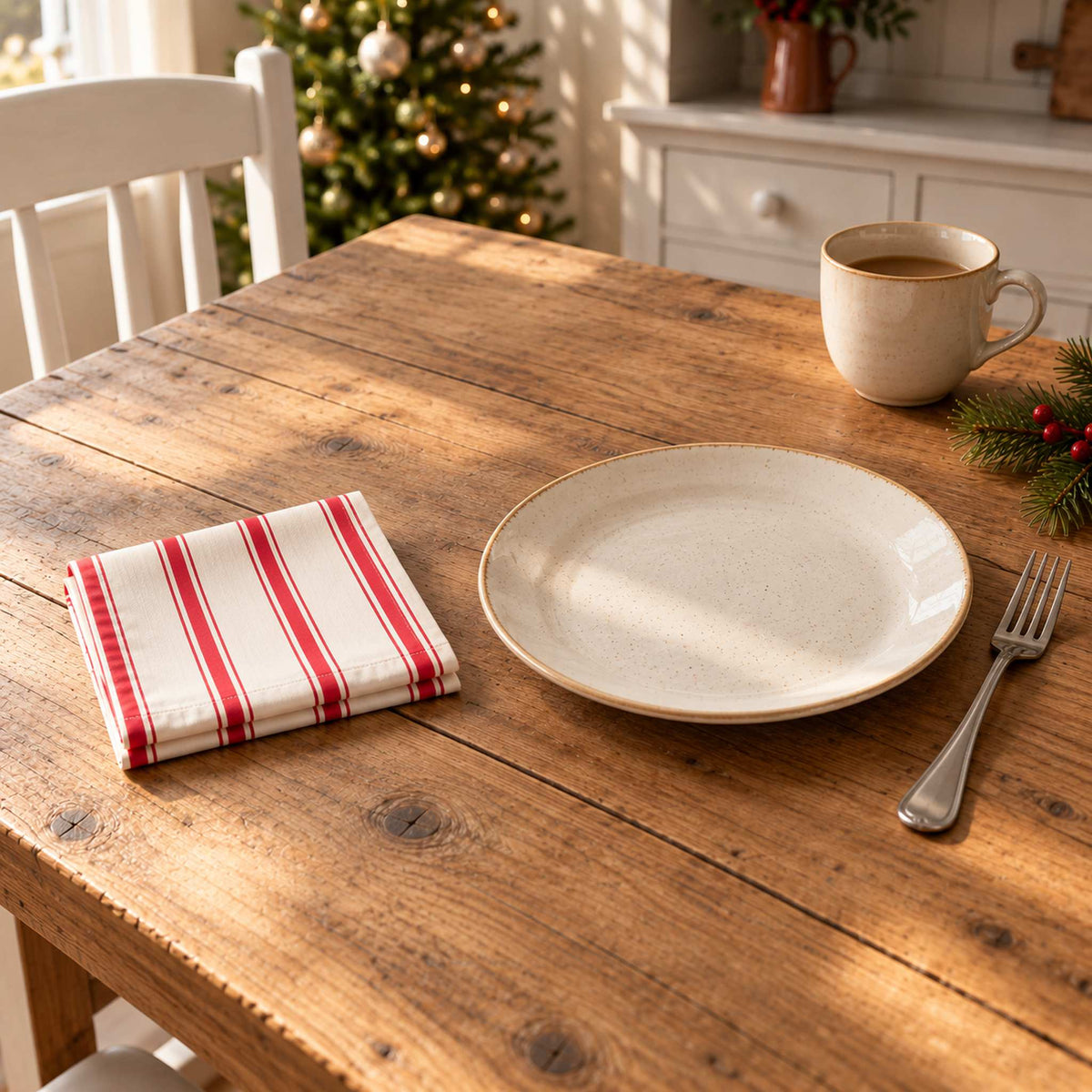 Red on ivory Ticking Stripe cotton napkin in a compact square fold beside a dinner plate and coffee cup on a wooden table in daylight.
