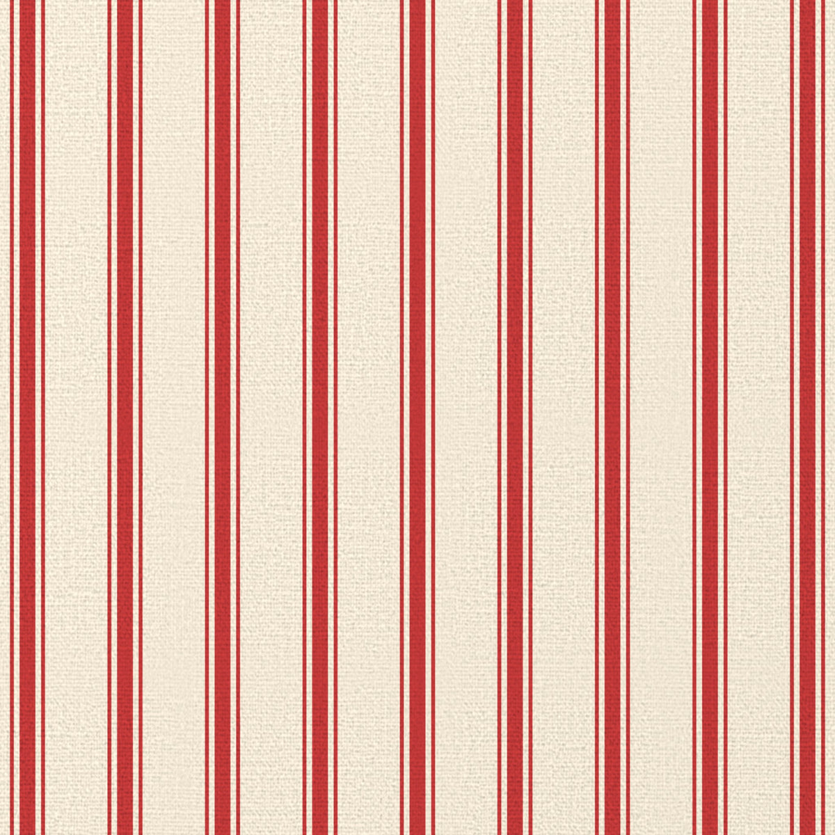 Close-up of the Ticking Stripe Christmas napkin print in red on ivory cotton, showing fine ticking stripes
