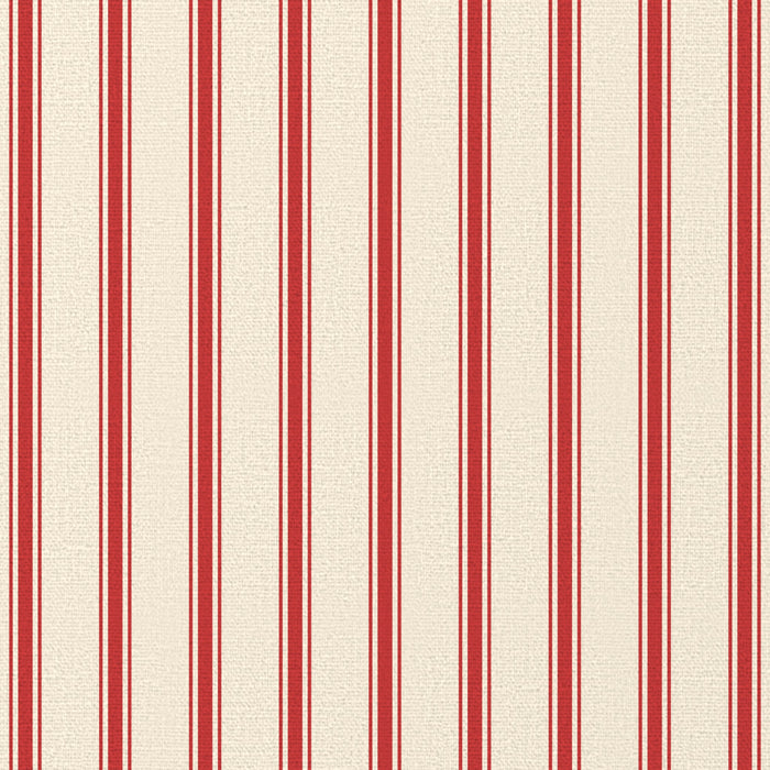 Close-up of the Ticking Stripe Christmas napkin print in red on ivory cotton, showing fine ticking stripes