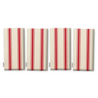 Ticking Stripe Christmas napkins in red on ivory, set of four, folded on white, showing the same fine ticking stripes