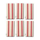 Ticking Stripe Christmas napkins in red on ivory, set of six, folded on white, showing the same fine ticking stripes