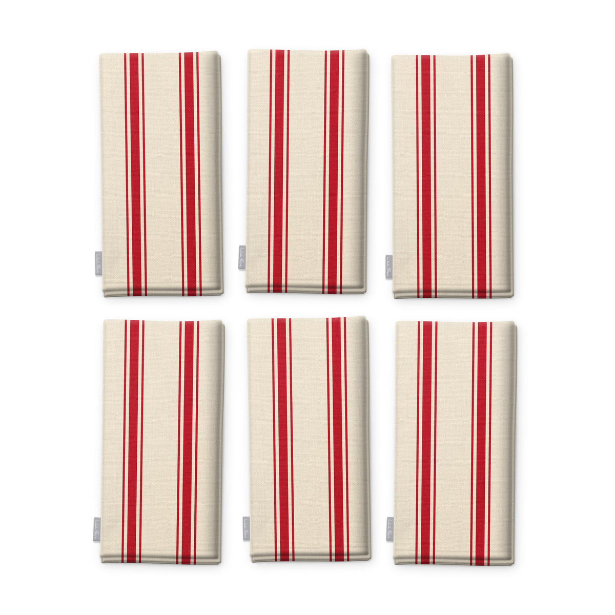 Ticking Stripe Christmas napkins in red on ivory, set of six, folded on white, showing the same fine ticking stripes