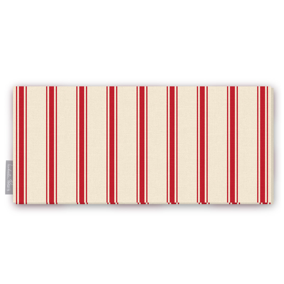 Ticking Stripe Christmas table runner in red on ivory, folded on white, showing fine ticking stripes