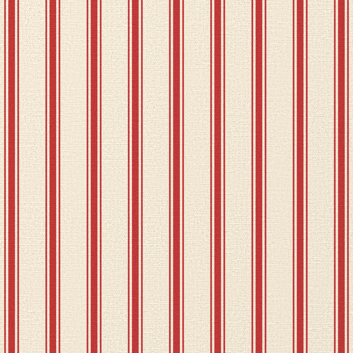 Close-up of the Ticking Stripe Christmas table runner print in red on ivory cotton, showing fine ticking stripes