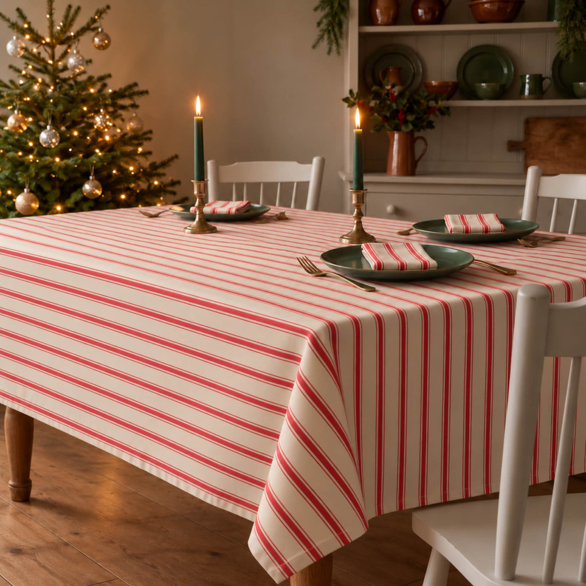 Red on ivory Ticking Stripe Christmas tablecloth with continuous lengthwise stripes, styled with green plates, striped napkins and candlelight in a cream farmhouse room.