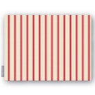 Ticking Stripe Christmas tablecloth in red on ivory, folded on white, showing fine ticking stripes