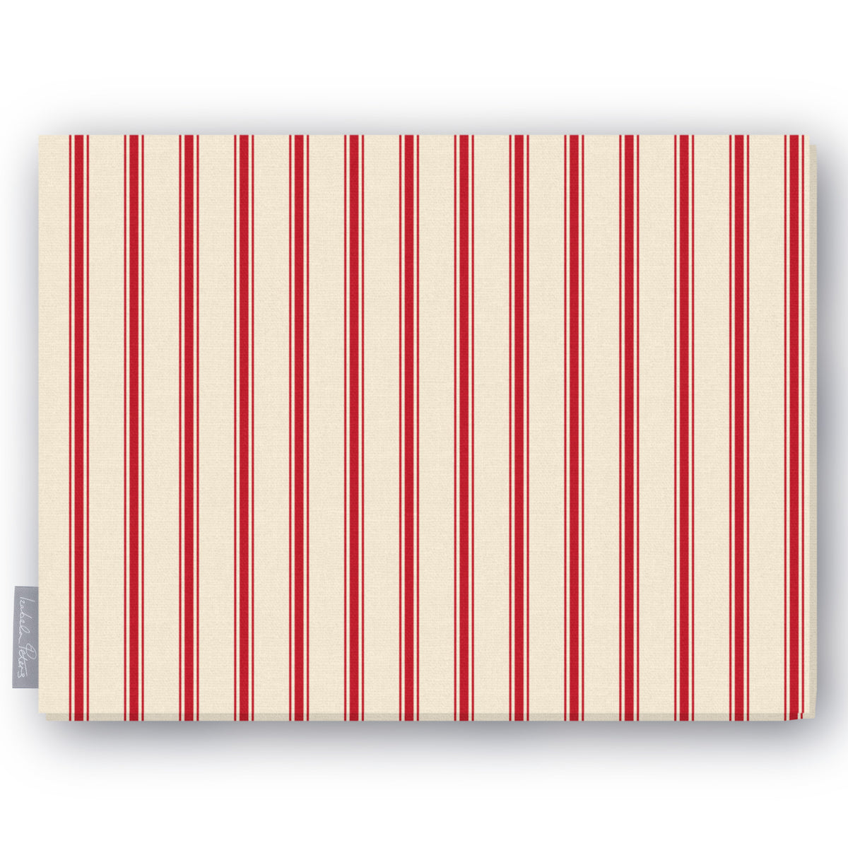 Ticking Stripe Christmas tablecloth in red on ivory, folded on white, showing fine ticking stripes