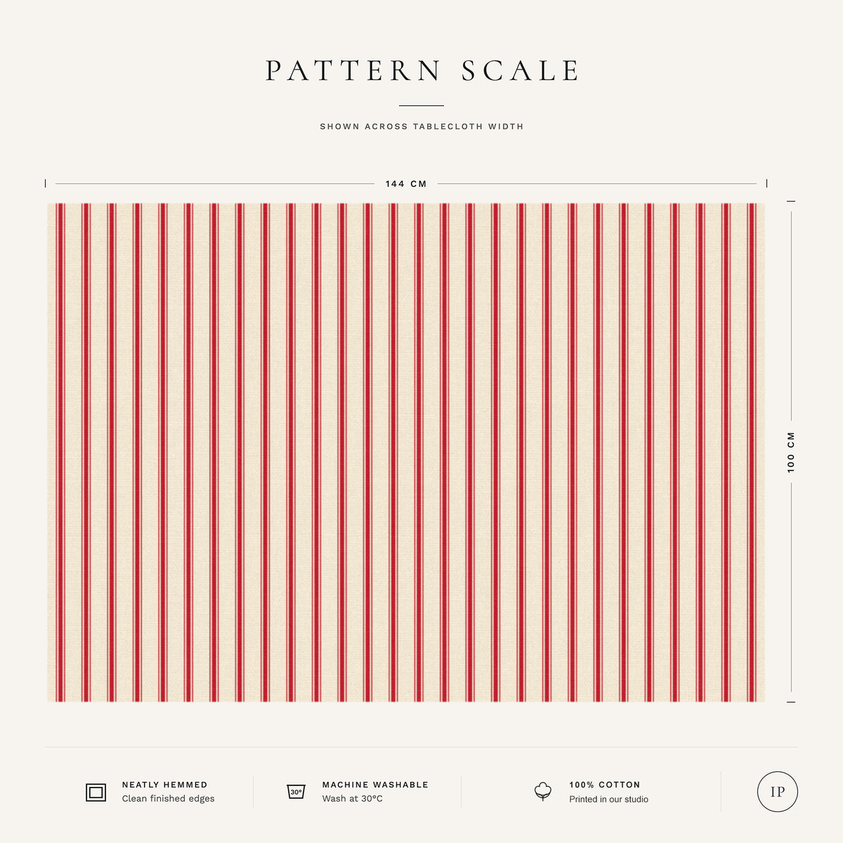 Pattern scale of the Ticking Stripe Christmas tablecloth in red on ivory across its 144 cm width, with care notes