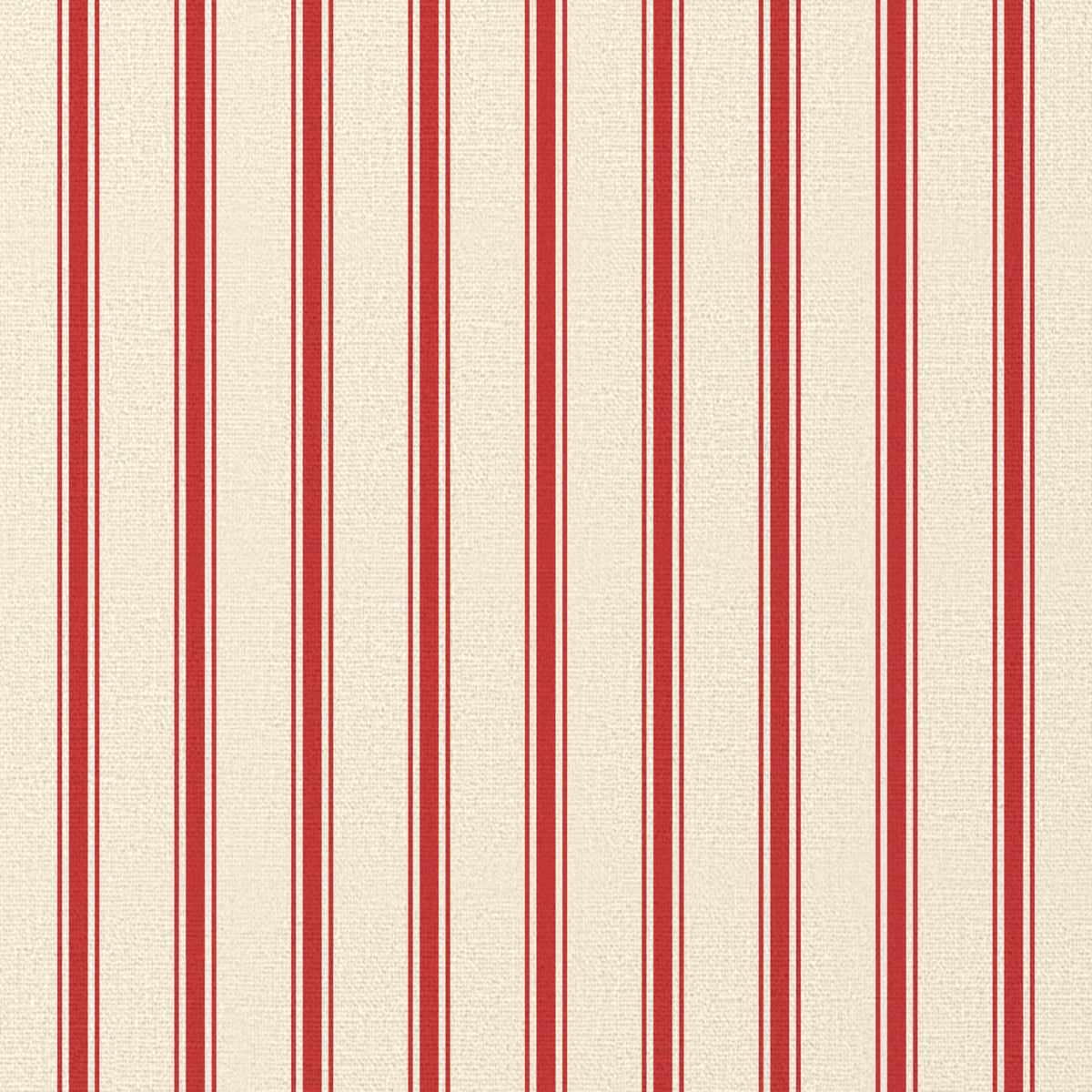 Close-up of the Ticking Stripe Christmas tablecloth print in red on ivory cotton, showing fine ticking stripes