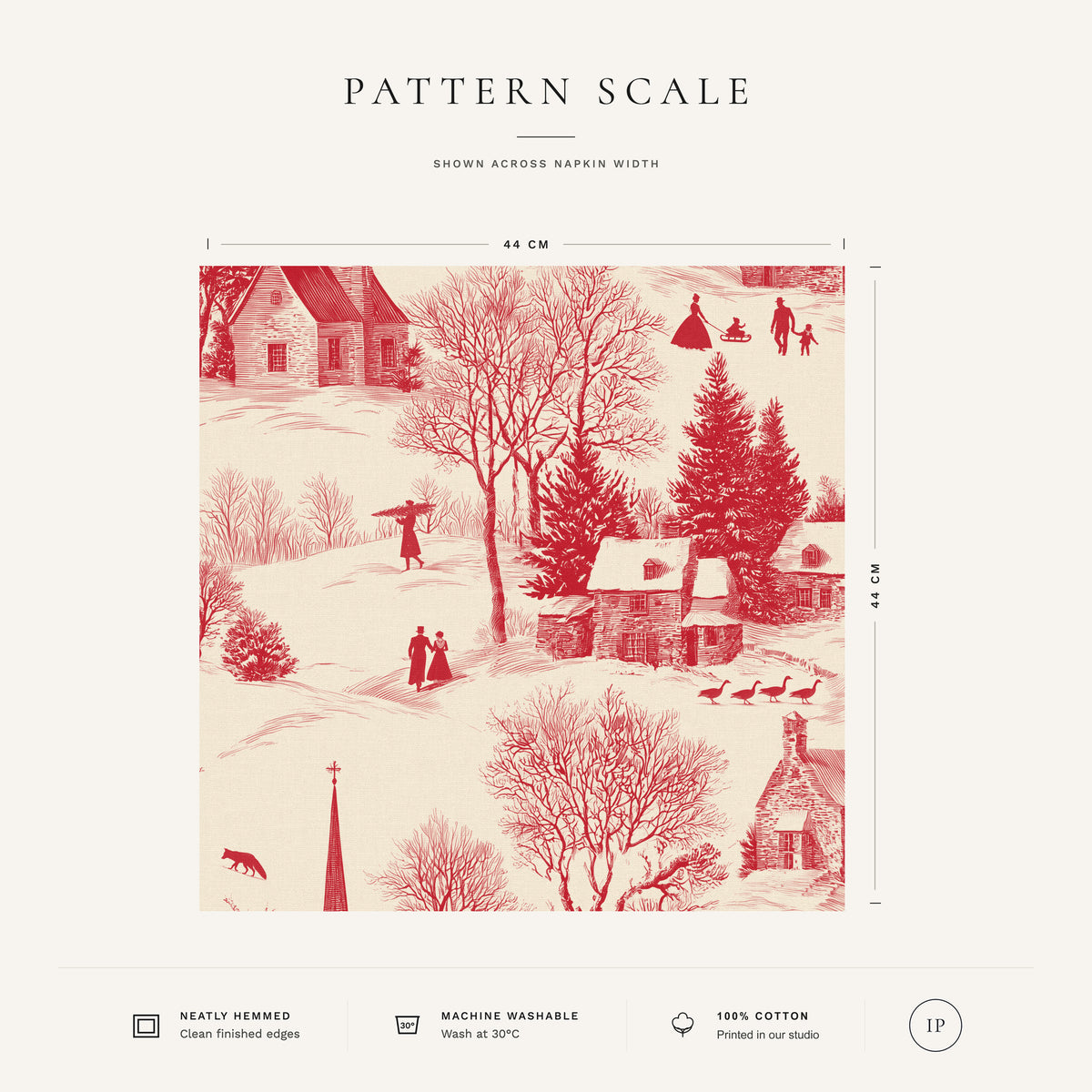 Red on ivory Village Toile Christmas napkin pattern scale, showing the full 44 cm by 44 cm design.