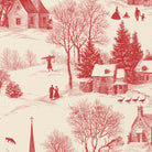 Close-up of the Village Toile Christmas napkin print in red on ivory cotton, showing a snowy village