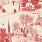 Close-up of the Village Toile Christmas table runner print in red on ivory cotton, showing a snowy village