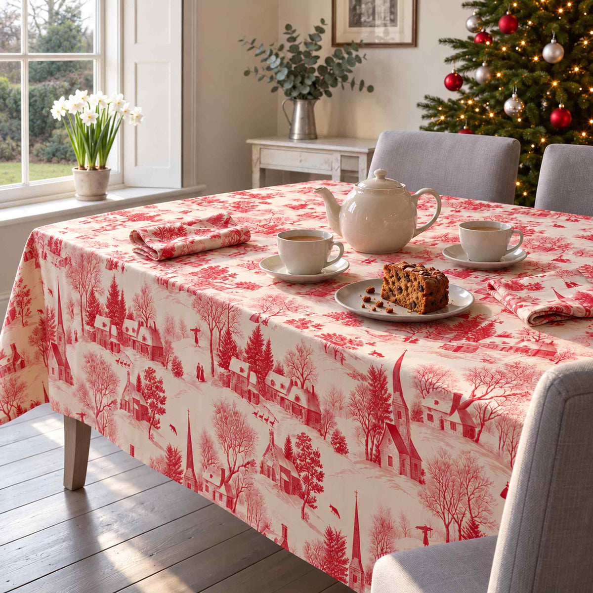 Red on ivory Village Toile Christmas tablecloth draped over a dining table with a cream teapot, two cups, fruitcake and folded toile napkins in winter daylight.