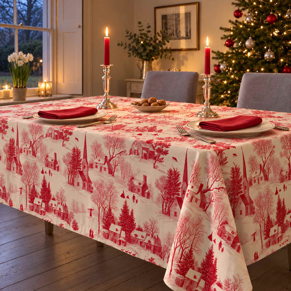 Red on ivory Village Toile Christmas tablecloth draped over a dining table with ivory plates, red napkins, walnuts and red candles in a pale Georgian room.