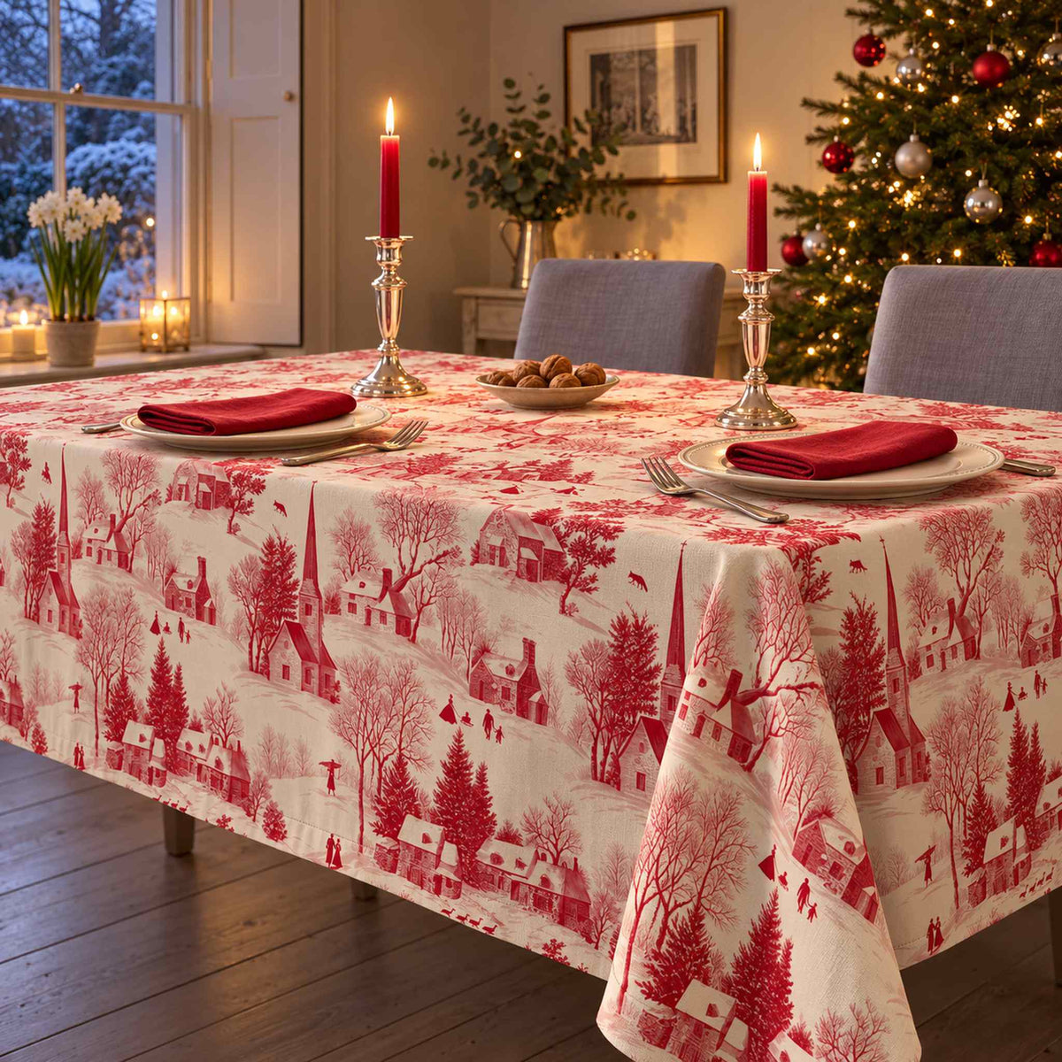 Red on ivory Village Toile Christmas tablecloth draped over a dining table with ivory plates, red napkins, walnuts and red candles in a pale Georgian room.