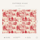 Pattern scale of the Village Toile Christmas tablecloth in red on ivory across its 144 cm width, with care notes