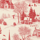 Close-up of the Village Toile Christmas tablecloth print in red on ivory cotton, showing a snowy village