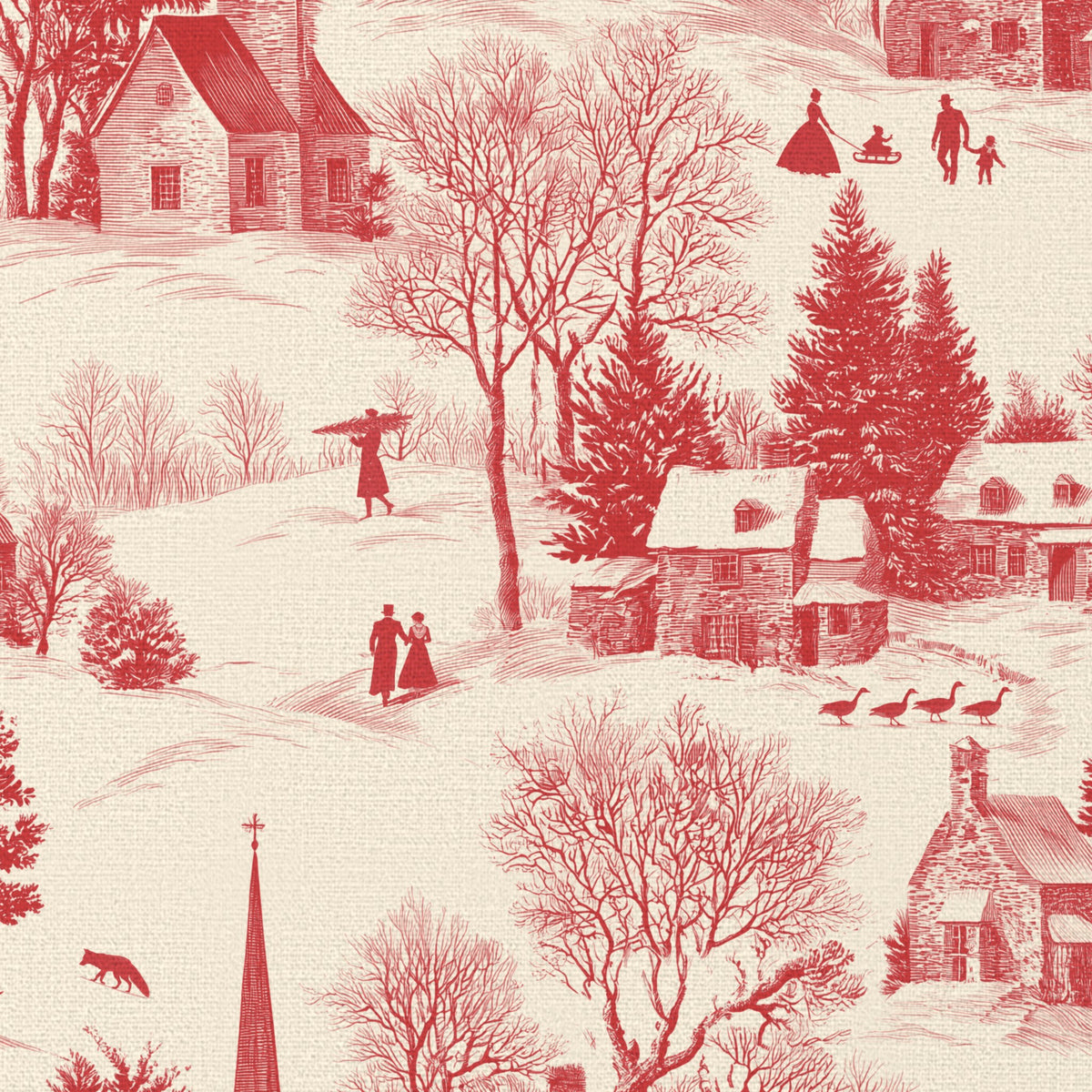 Close-up of the Village Toile Christmas tablecloth print in red on ivory cotton, showing a snowy village