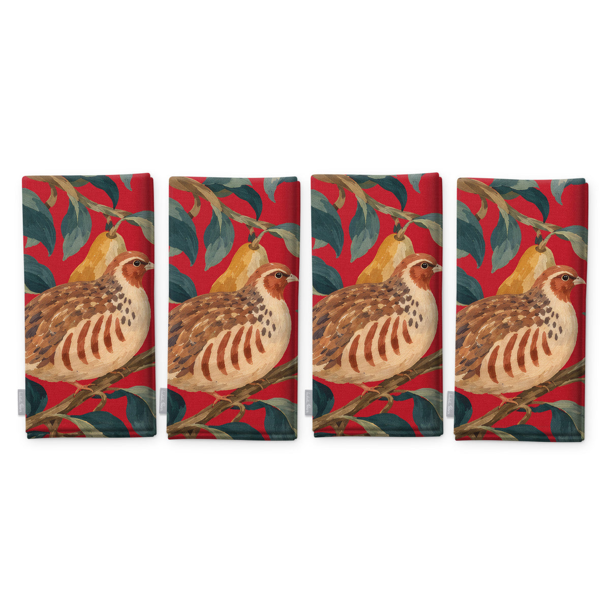 Red Partridge and Pear Christmas napkins, set of four, folded on white, showing the same partridge among pears