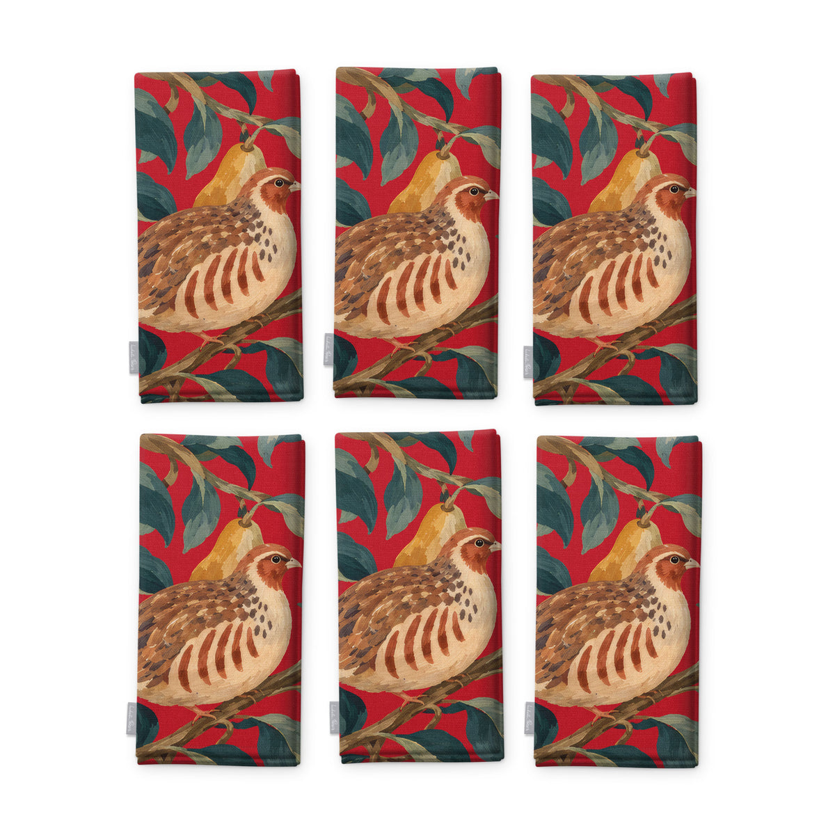 Red Partridge and Pear Christmas napkins, set of six, folded on white, showing the same partridge among pears