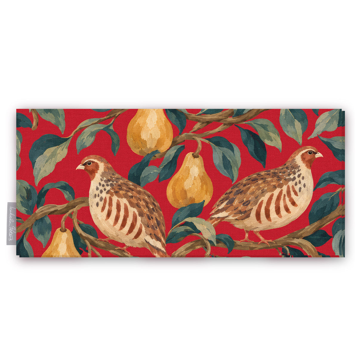 Red Partridge and Pear Christmas table runner folded on white, showing a partridge among pears and leaves