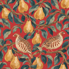 Close-up of the red Partridge and Pear Christmas table runner print on cotton, showing a partridge among pears and leaves