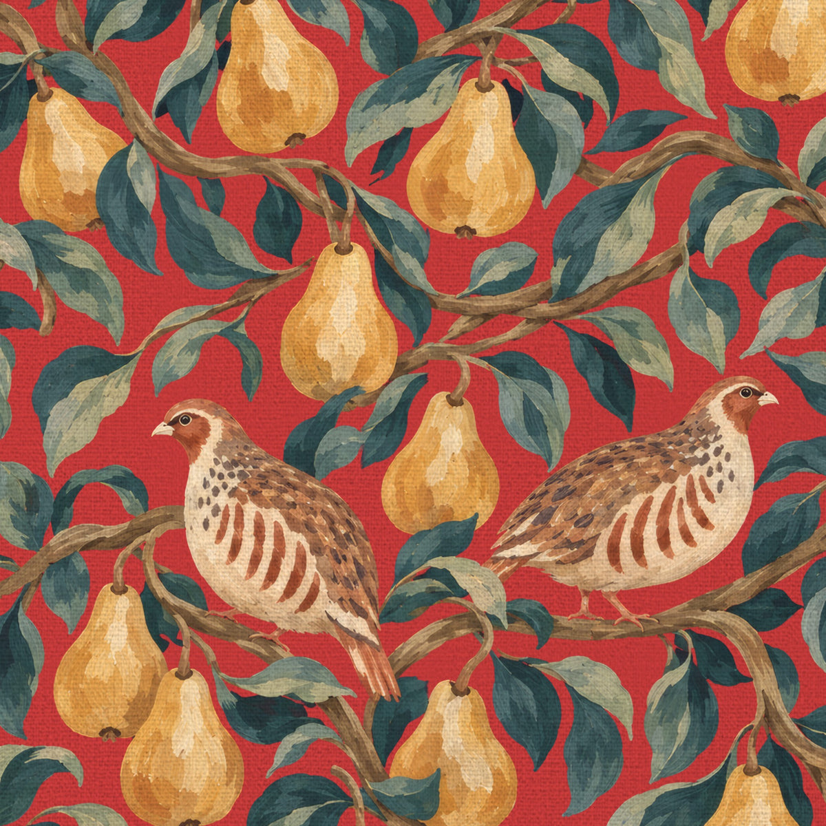 Close-up of the red Partridge and Pear Christmas table runner print on cotton, showing a partridge among pears and leaves