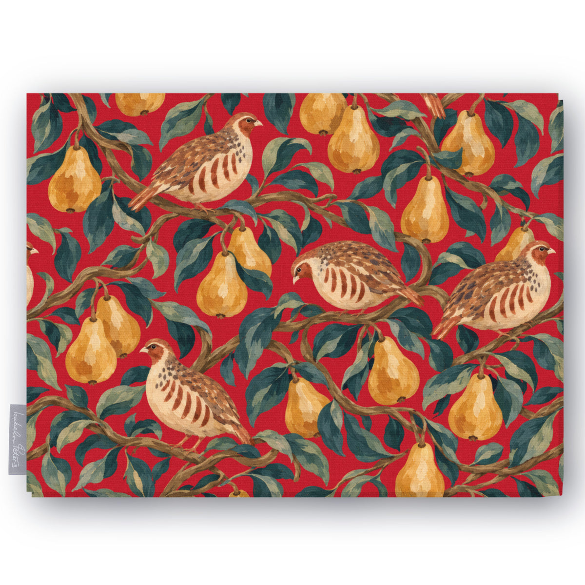 Red Partridge and Pear Christmas tablecloth folded on white, showing partridges among pears and leaves