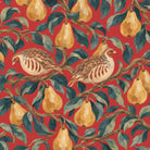 Close-up of the red Partridge and Pear Christmas tablecloth print on cotton, showing partridges among pears and leaves