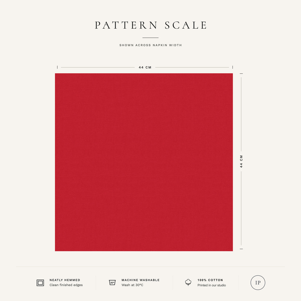 Red Plain Christmas napkin pattern scale, showing the full 44 cm by 44 cm design.