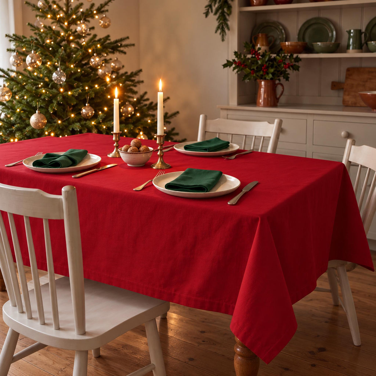 Red Plain Christmas tablecloth draped over a dining table with green napkins, ivory plates, walnuts and candles in a cream farmhouse room.
