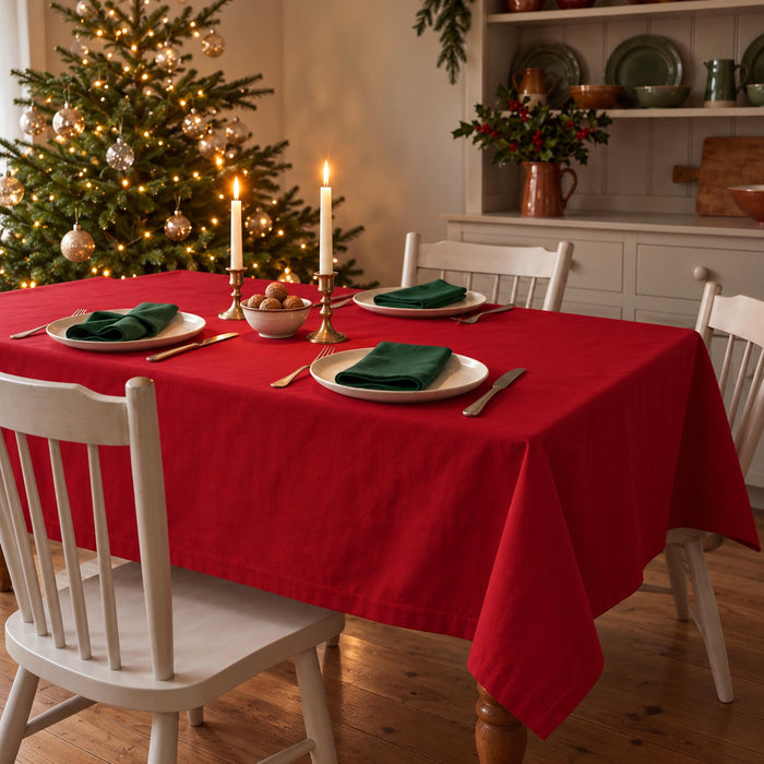 Red Plain Christmas tablecloth draped over a dining table with green napkins, ivory plates, walnuts and candles in a cream farmhouse room.