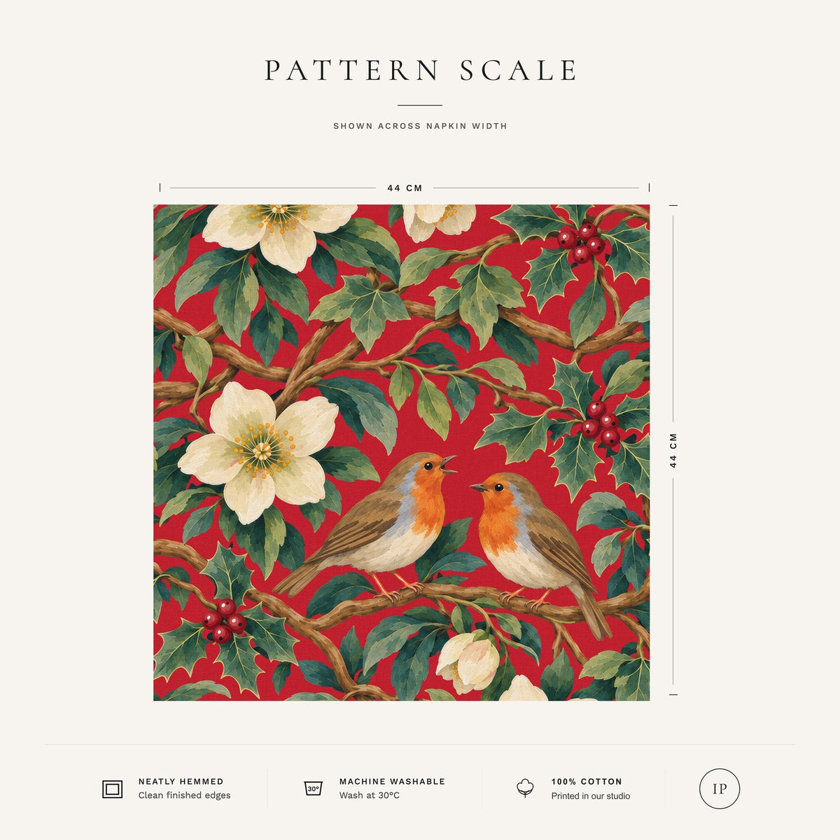 Red Robins and Christmas Roses Christmas napkin pattern scale, showing the full 44 cm by 44 cm design.