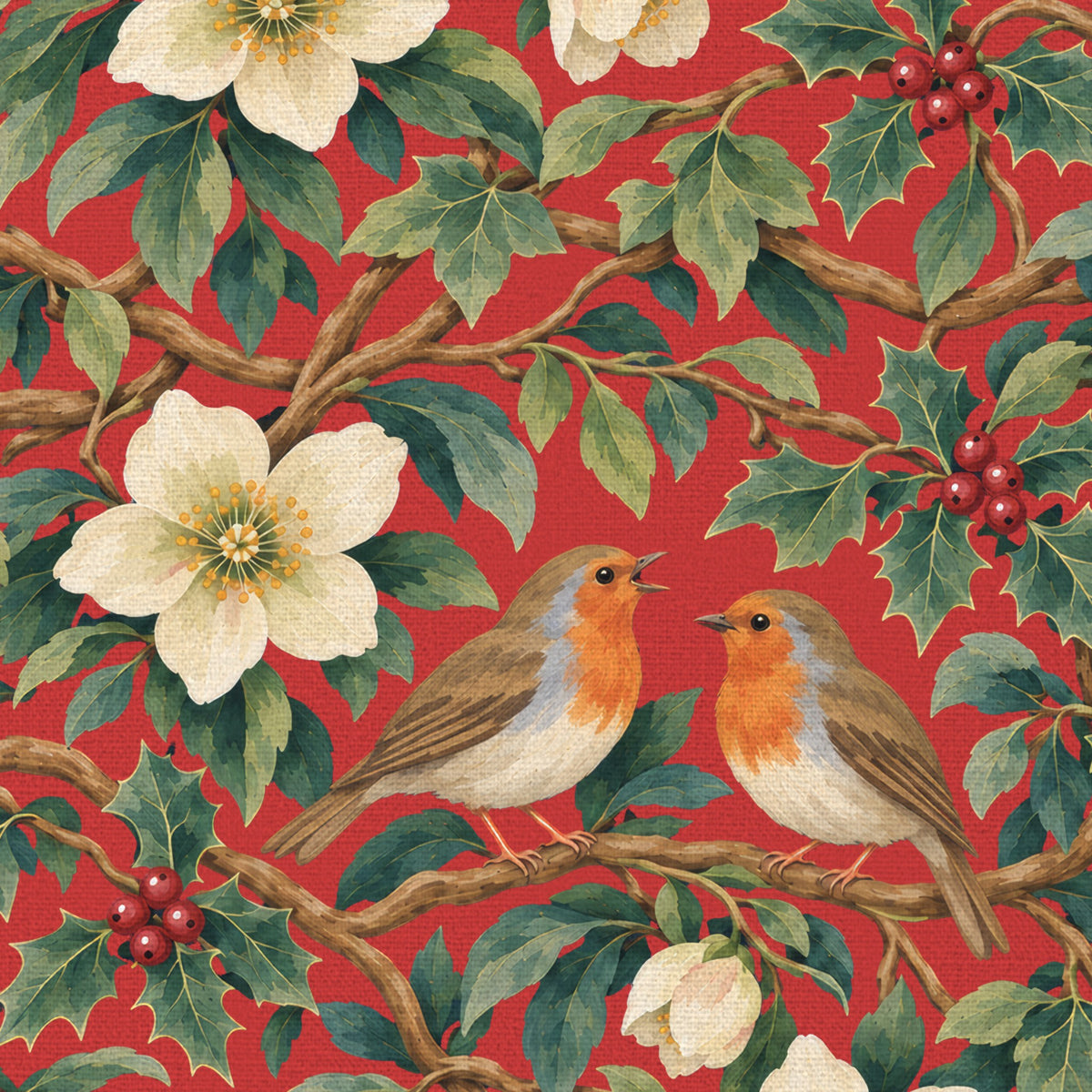 Close-up of the red Robins and Christmas Roses napkin print on cotton, showing robins, Christmas roses and holly