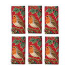 Red Robins and Christmas Roses Christmas napkins, set of six, folded on white, showing the same robin under a sprig of holly