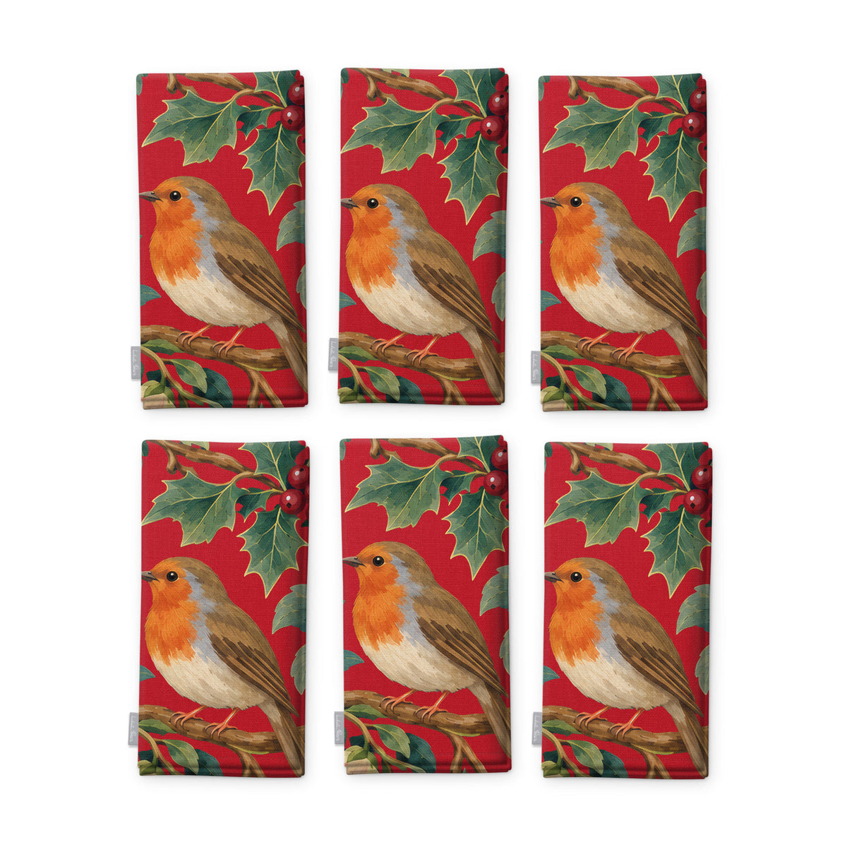 Red Robins and Christmas Roses Christmas napkins, set of six, folded on white, showing the same robin under a sprig of holly