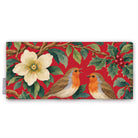 Red Robins and Christmas Roses Christmas table runner folded on white, showing a Christmas rose and two robins